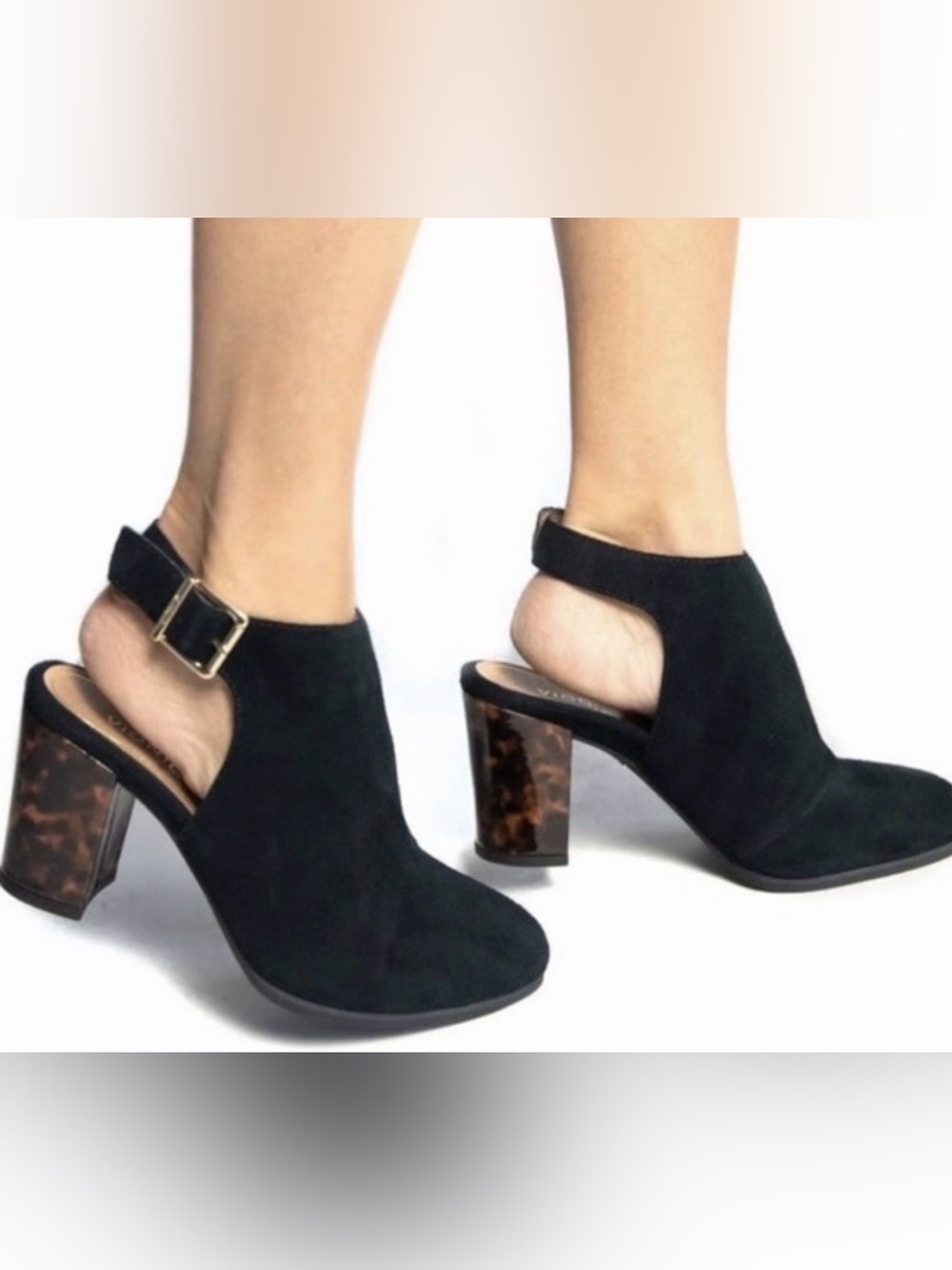Vionic Lacey Tortoise Black Suede Open-Peep Block Heel Sandal with Gold Buckle